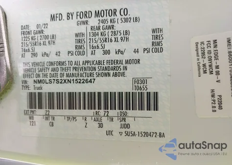 2022 Ford Transit Connect Xl Cargo Van z USA, uszkodzony, nr VIN NM0LS7S2XN1522647